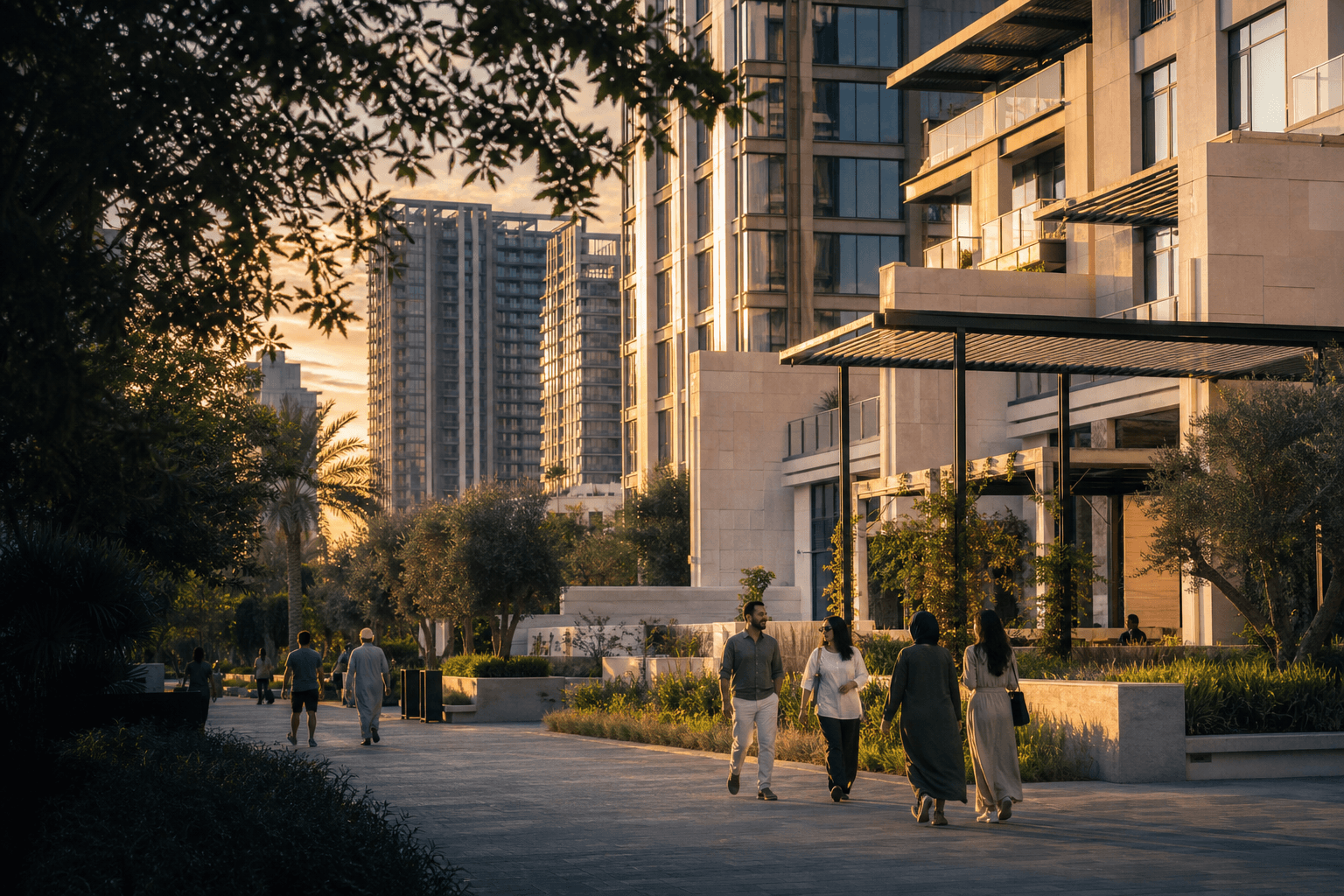 Residents walking through a contemporary Dubai neighborhood at sunset